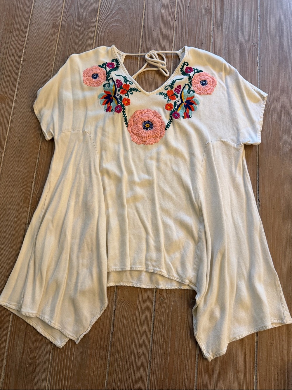 Judith March Cream Boho V-Neck Top with Pink Floral Embroidery
